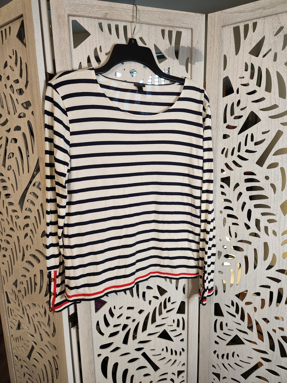 J. Crew Navy and White Striped Long-Sleeve Tee with Red Hem Detail